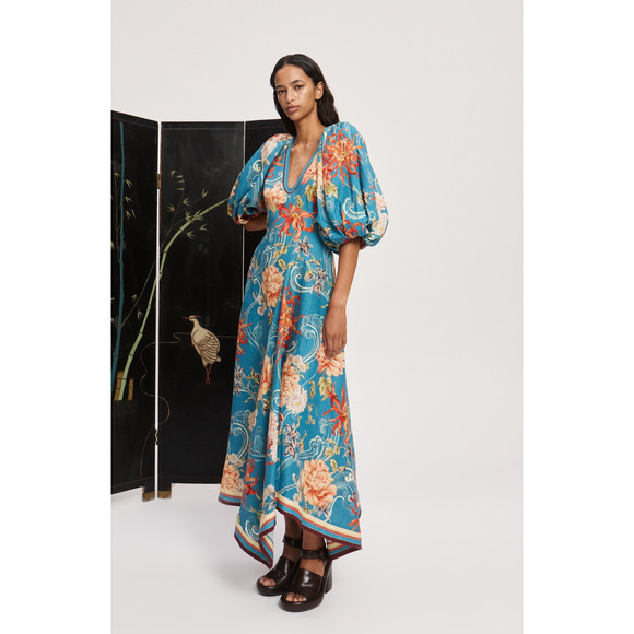 ALEMAIS fletcher puff-sleeve ramie midi dress US 8 - Picture 2 of 7